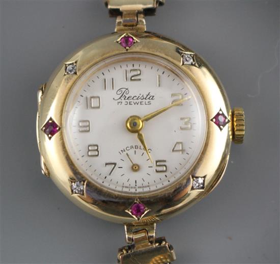 A ladys mid 20th century 14k, ruby and diamond set Precista manual wind dress wrist watch, on rolled gold and steel bracelet.